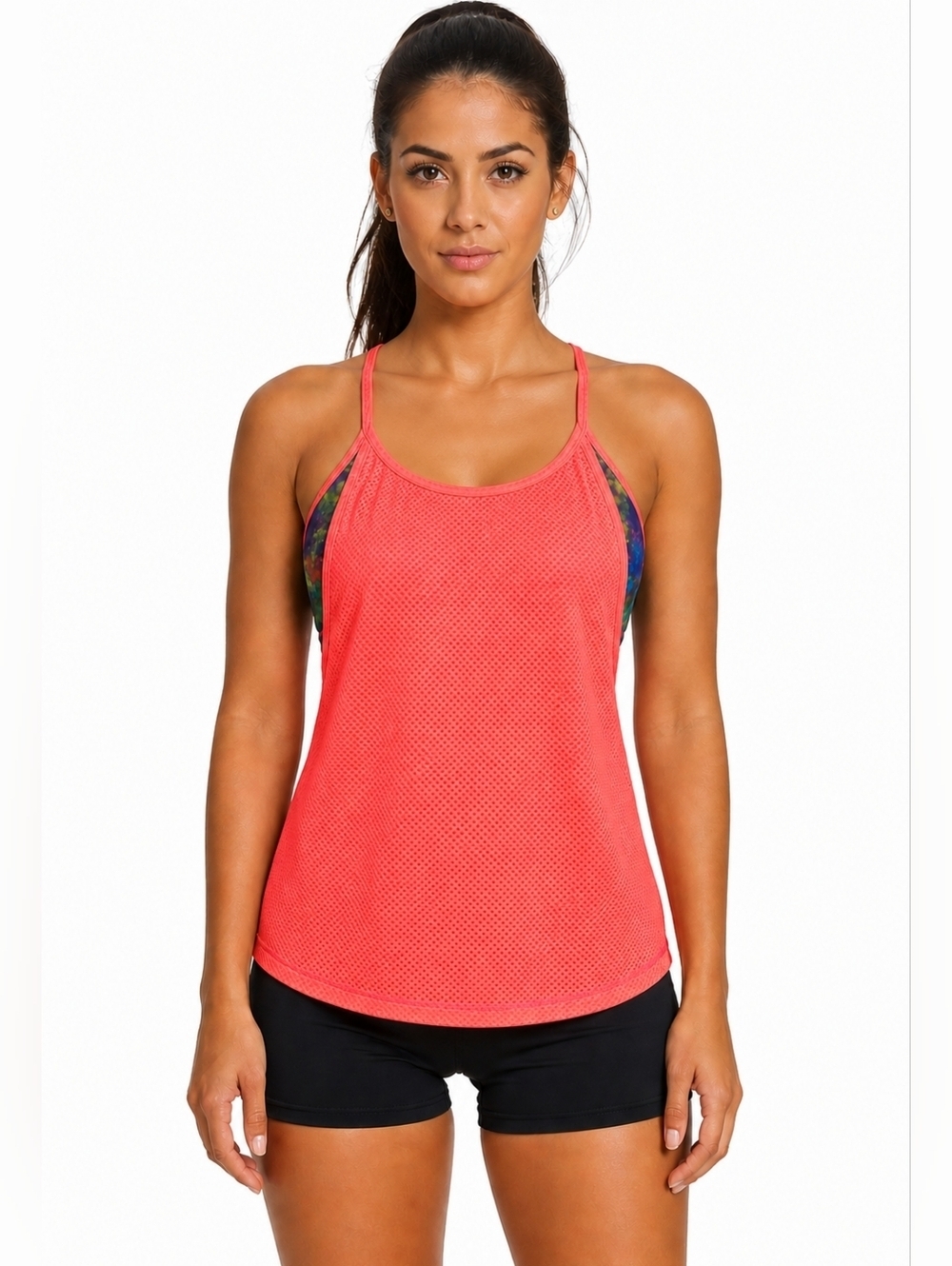 Boutique Neon Coral Mesh Racerback Tank Top with Built-In Sports Bra – One Size.